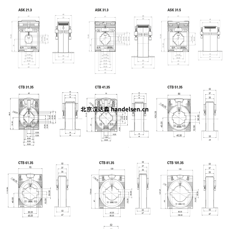 Janitza塑殼電流互感器等級1-5 ASK和CTB尺寸圖 Janitza塑殼電流互感器等級1-5 ASK和CTB尺寸圖